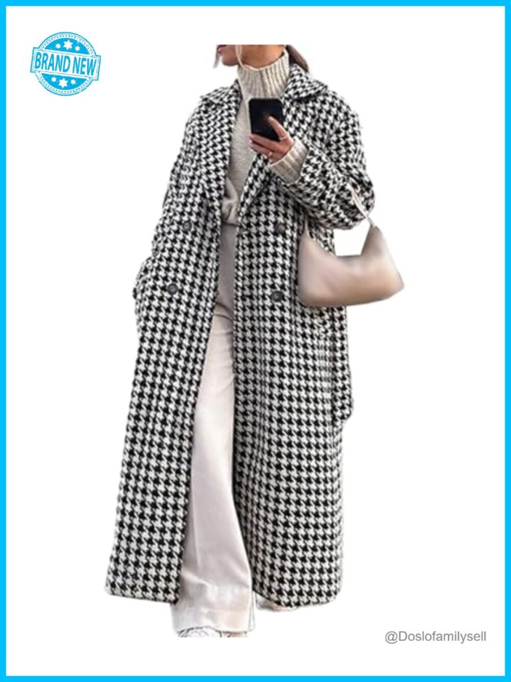 Houndstooth Trench Coat Double Breasted Belted Long Overcoat